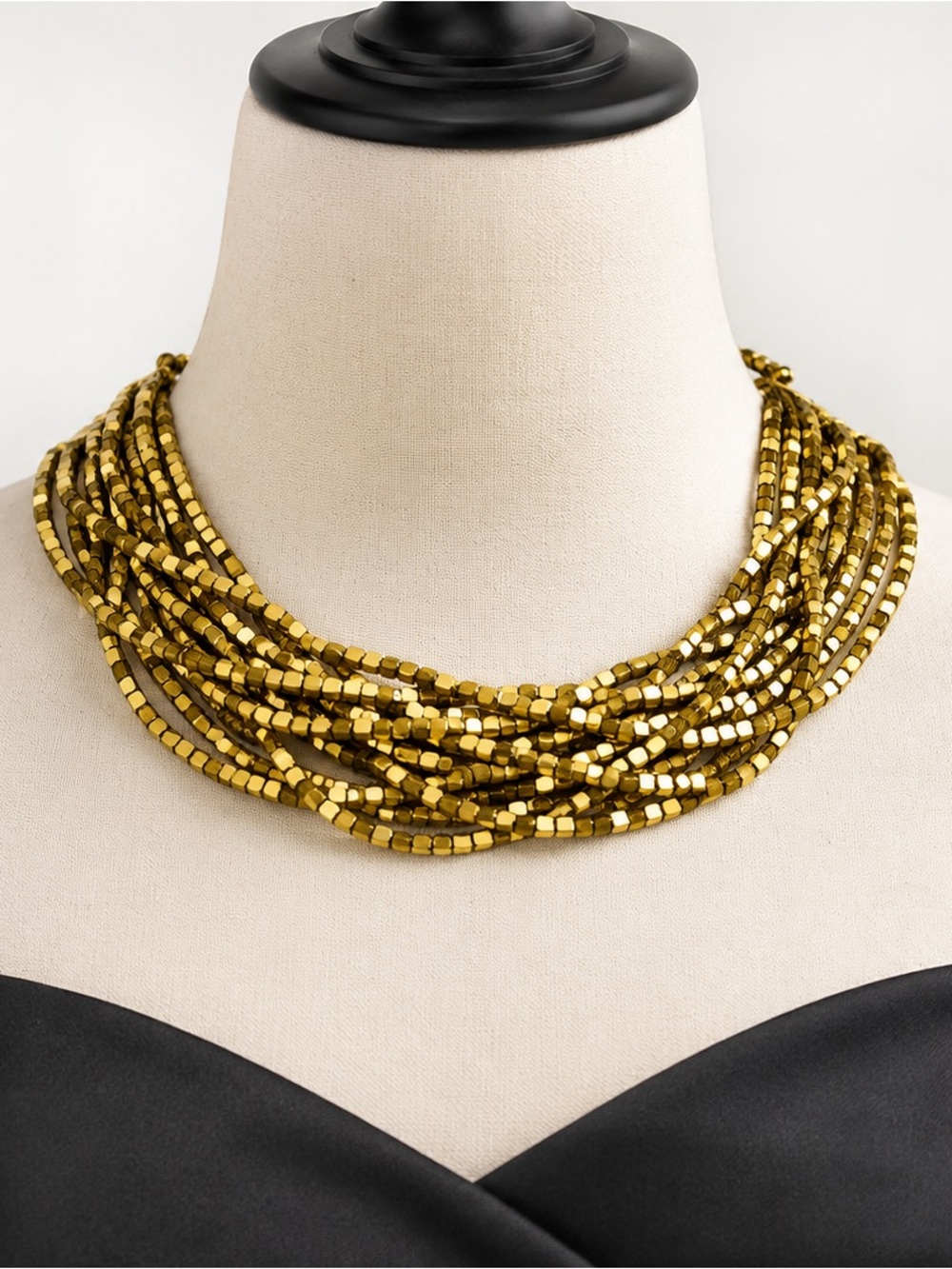 Vintage Multi Strand Metallic Cube Bead Necklace Gold Tone 46–51 cm